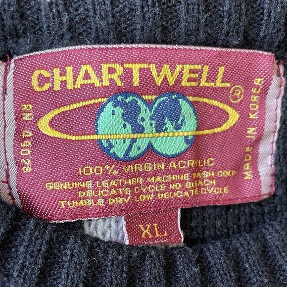 CHARTWELL Mens VTG Gray-Black Geometric Pullover Sweater XL Leather Patches - Picture 7 of 7